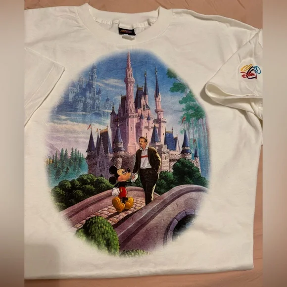 RARE Vintage Original The Art Of Disney T-Shirt - Mickey And Walt Bridge Stroll - Picture 1 of 7